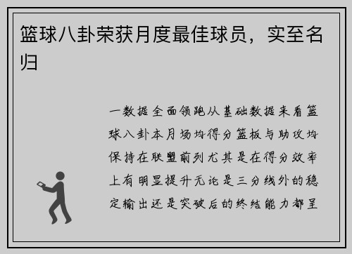 篮球八卦荣获月度最佳球员，实至名归